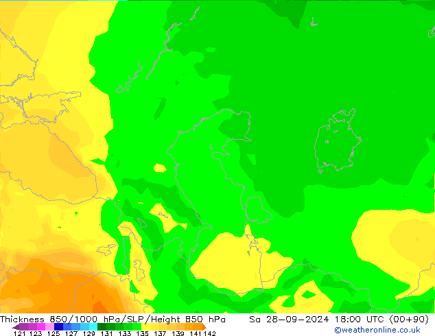 Thck 850-1000 hPa ARPEGE Sáb 28.09.2024 18 UTC