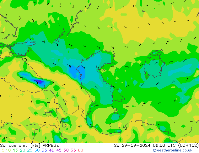 Surface wind ARPEGE Ne 29.09.2024 06 UTC