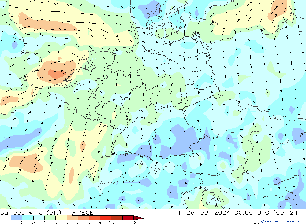 Rüzgar 10 m (bft) ARPEGE Per 26.09.2024 00 UTC