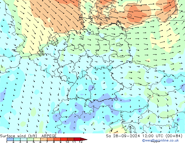 Surface wind (bft) ARPEGE So 28.09.2024 12 UTC