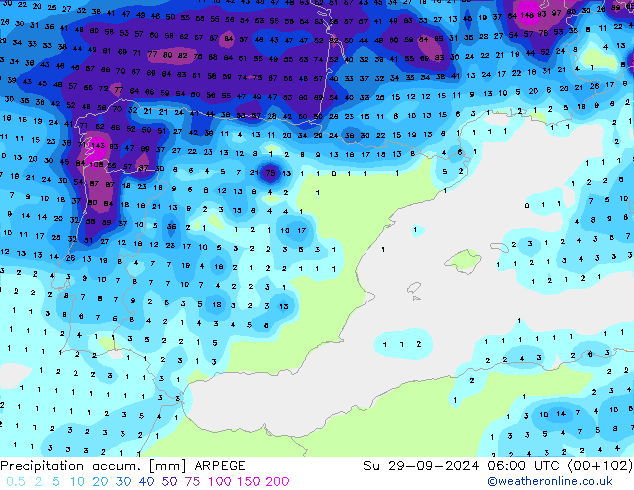 Precipitation accum. ARPEGE Ne 29.09.2024 06 UTC