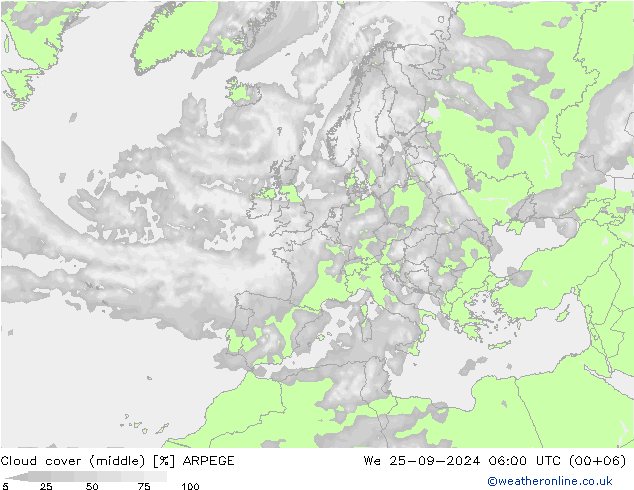 Cloud cover (middle) ARPEGE We 25.09.2024 06 UTC