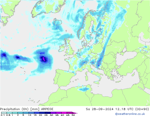 Totale neerslag (6h) ARPEGE za 28.09.2024 18 UTC