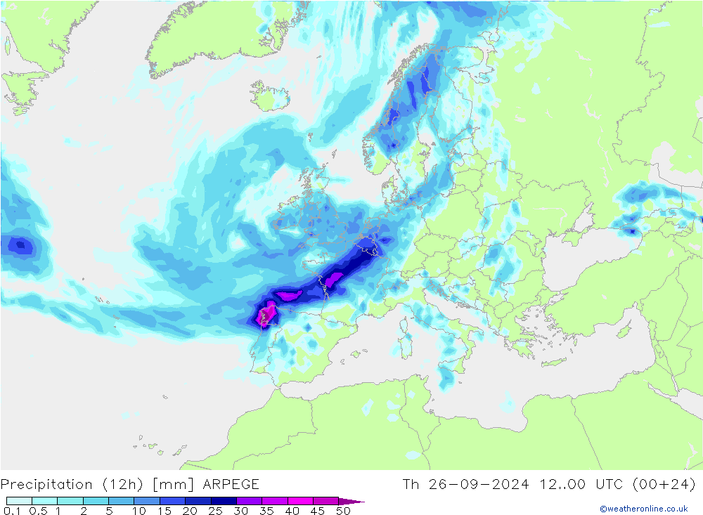 Precipitation (12h) ARPEGE Th 26.09.2024 00 UTC