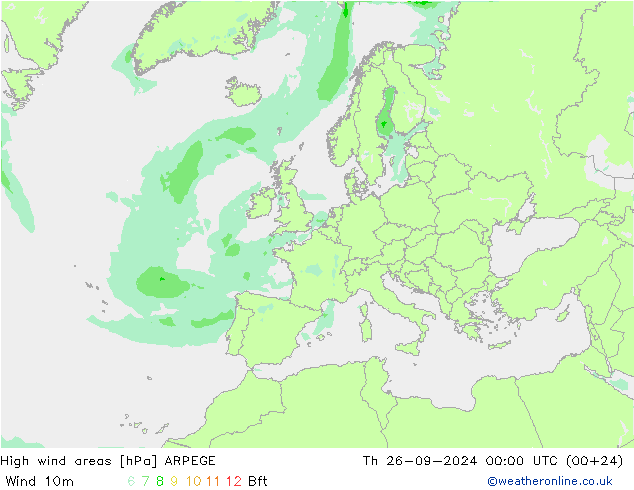 High wind areas ARPEGE gio 26.09.2024 00 UTC