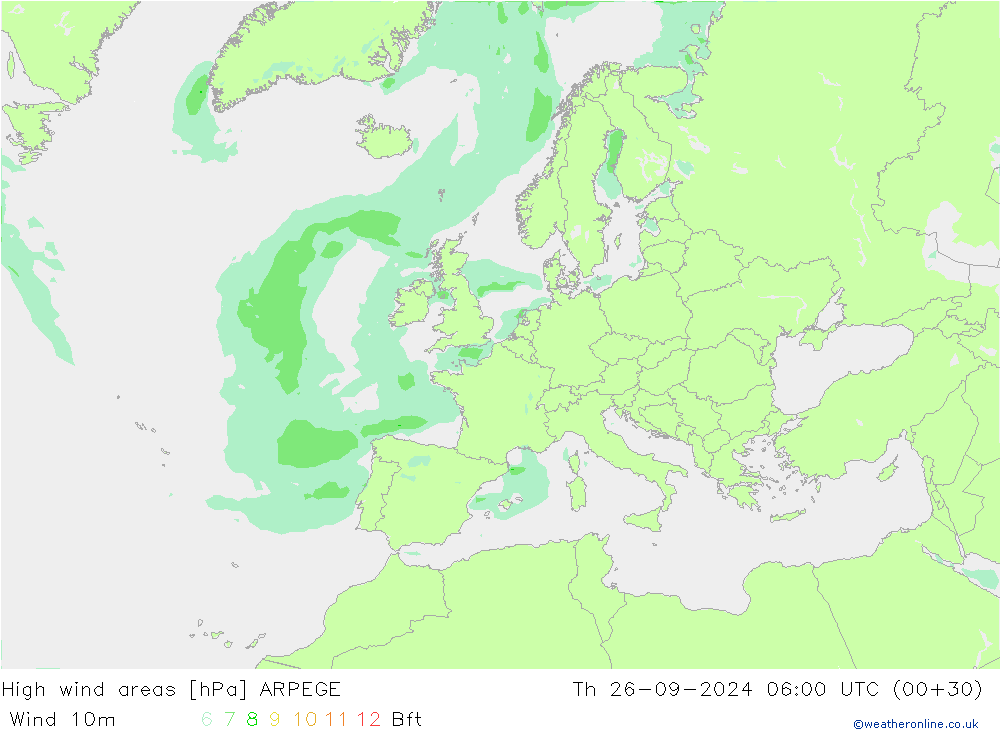 yüksek rüzgarlı alanlar ARPEGE Per 26.09.2024 06 UTC