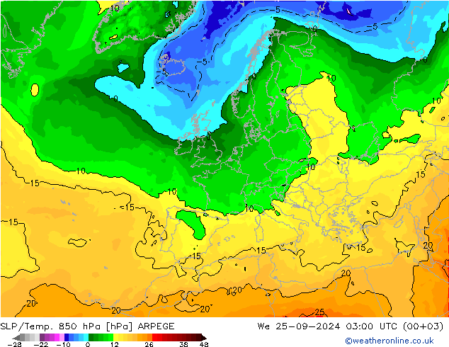 SLP/Temp. 850 hPa ARPEGE wo 25.09.2024 03 UTC