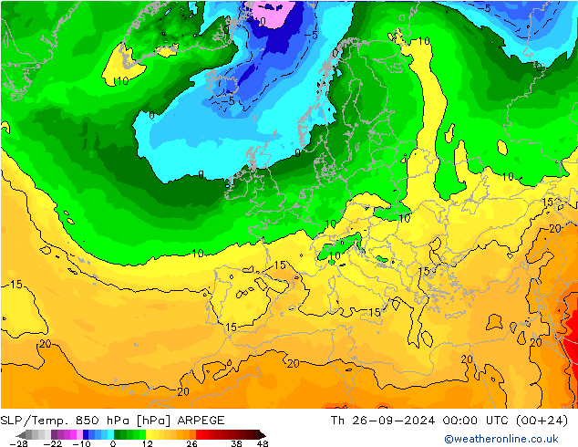 SLP/Temp. 850 hPa ARPEGE Čt 26.09.2024 00 UTC