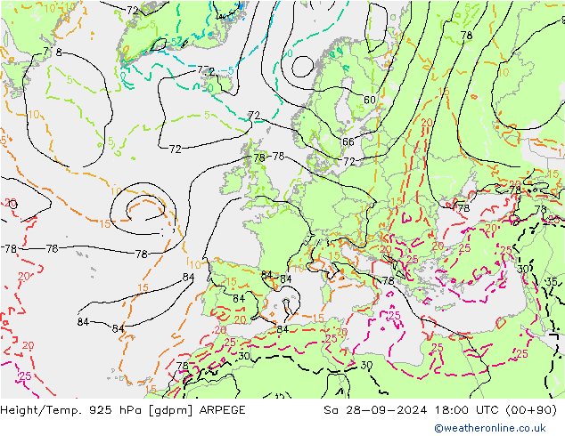 Hoogte/Temp. 925 hPa ARPEGE za 28.09.2024 18 UTC