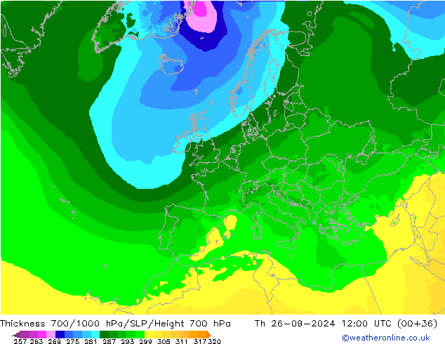 Thck 700-1000 hPa ARPEGE Čt 26.09.2024 12 UTC