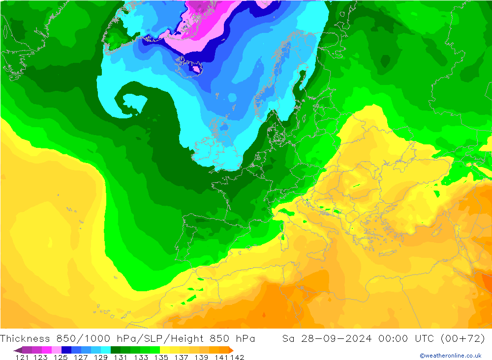 Thck 850-1000 hPa ARPEGE Sa 28.09.2024 00 UTC