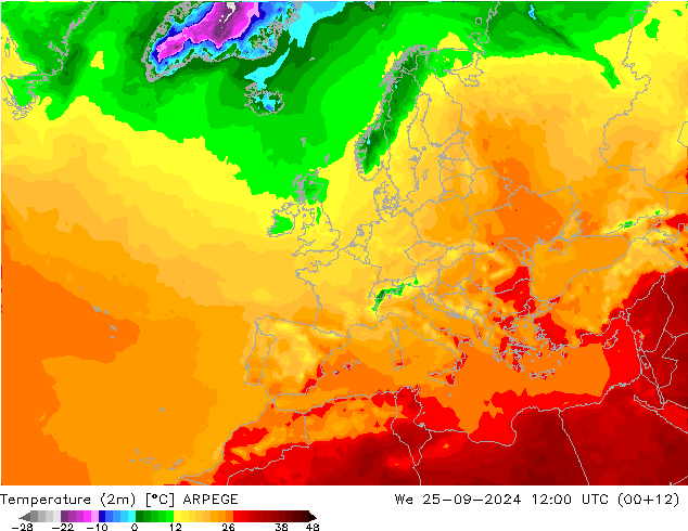 mapa temperatury (2m) ARPEGE śro. 25.09.2024 12 UTC