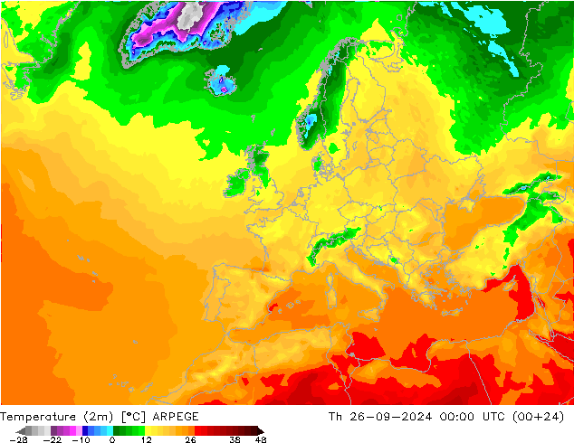 Temperature (2m) ARPEGE Th 26.09.2024 00 UTC