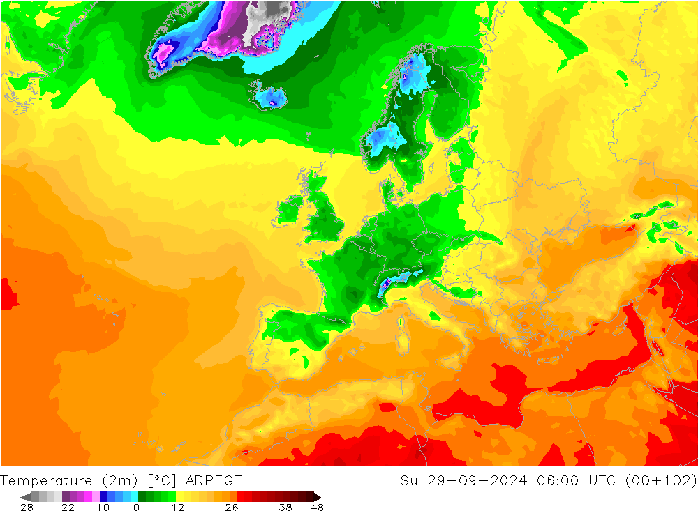 Temperature (2m) ARPEGE Su 29.09.2024 06 UTC