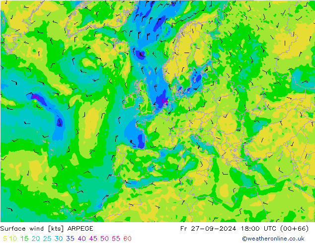 wiatr 10 m ARPEGE pt. 27.09.2024 18 UTC