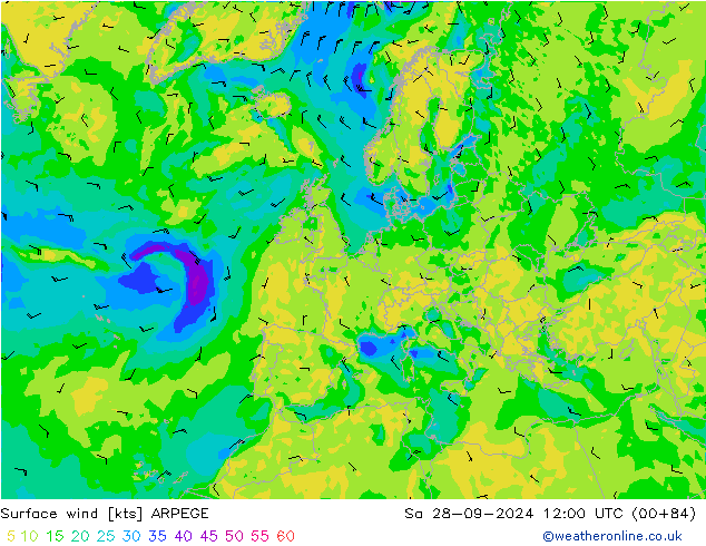 Viento 10 m ARPEGE sáb 28.09.2024 12 UTC