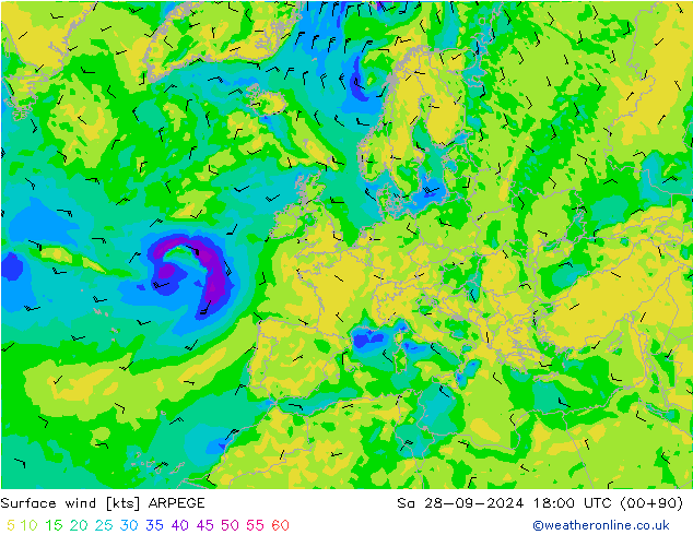 wiatr 10 m ARPEGE so. 28.09.2024 18 UTC