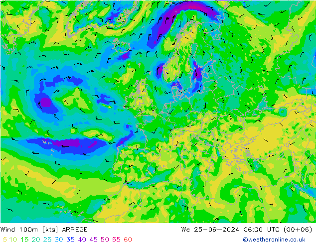 Vento 100m ARPEGE mer 25.09.2024 06 UTC