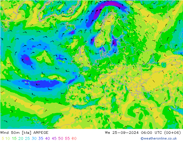 Wind 50m ARPEGE St 25.09.2024 06 UTC