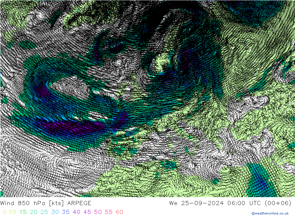 Rüzgar 850 hPa ARPEGE Çar 25.09.2024 06 UTC