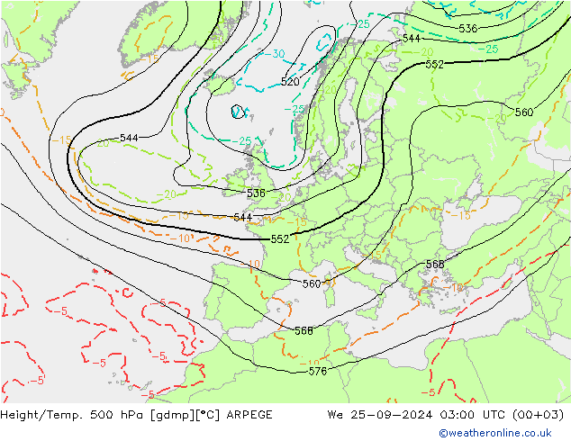 Yükseklik/Sıc. 500 hPa ARPEGE Çar 25.09.2024 03 UTC