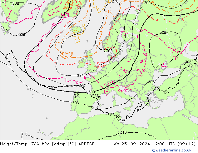 Height/Temp. 700 hPa ARPEGE mer 25.09.2024 12 UTC