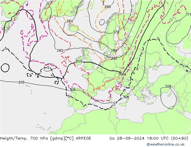 Height/Temp. 700 hPa ARPEGE Sa 28.09.2024 18 UTC