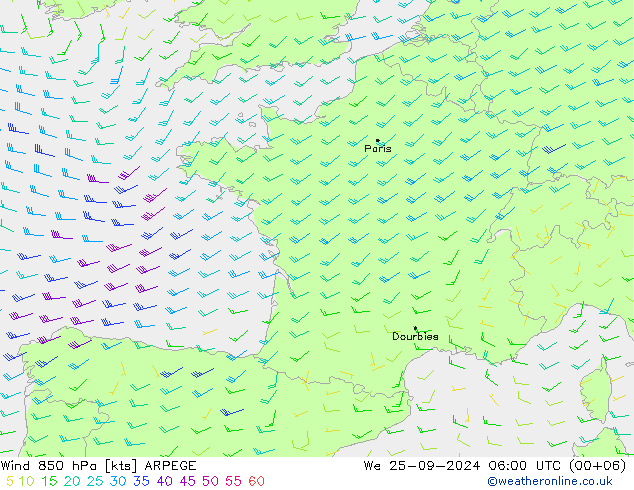 ветер 850 гПа ARPEGE ср 25.09.2024 06 UTC