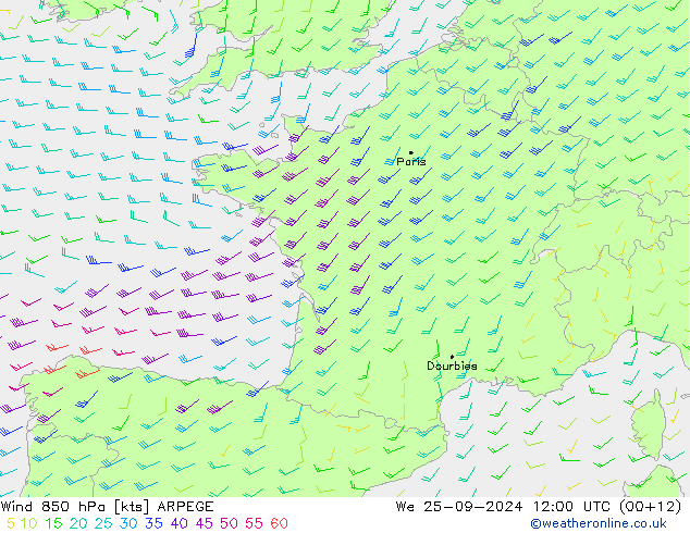 Rüzgar 850 hPa ARPEGE Çar 25.09.2024 12 UTC