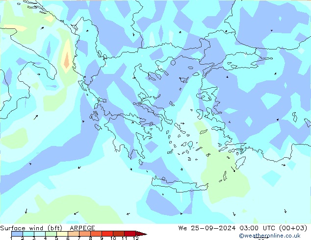 wiatr 10 m (bft) ARPEGE śro. 25.09.2024 03 UTC