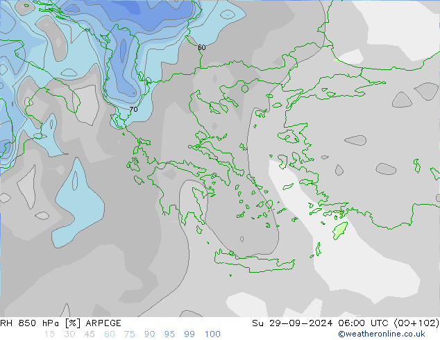 RH 850 hPa ARPEGE Su 29.09.2024 06 UTC