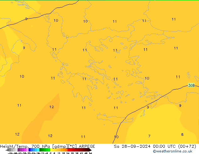 Yükseklik/Sıc. 700 hPa ARPEGE Cts 28.09.2024 00 UTC