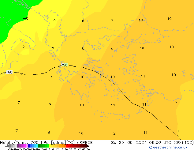 Height/Temp. 700 hPa ARPEGE So 29.09.2024 06 UTC