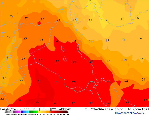 Yükseklik/Sıc. 850 hPa ARPEGE Paz 29.09.2024 06 UTC