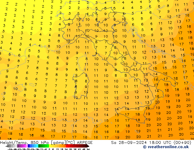 Géop./Temp. 850 hPa ARPEGE sam 28.09.2024 18 UTC