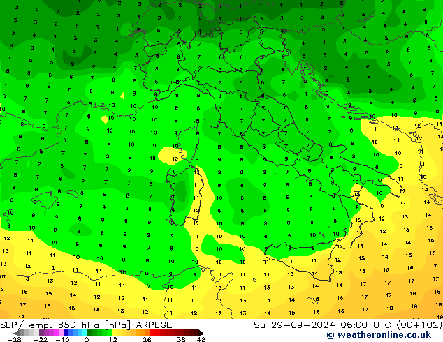 850 hPa Yer Bas./Sıc ARPEGE Paz 29.09.2024 06 UTC