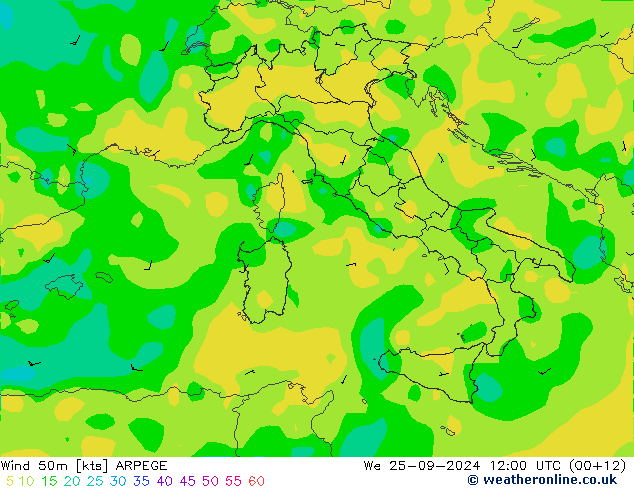 Wind 50 m ARPEGE wo 25.09.2024 12 UTC