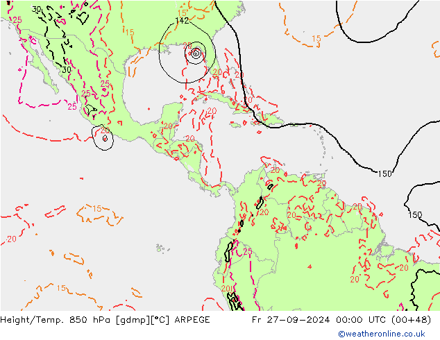 Height/Temp. 850 hPa ARPEGE Pá 27.09.2024 00 UTC