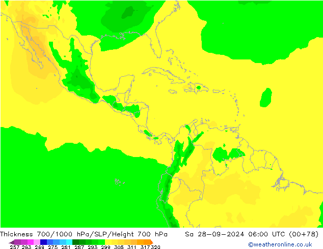 Espesor 700-1000 hPa ARPEGE sáb 28.09.2024 06 UTC