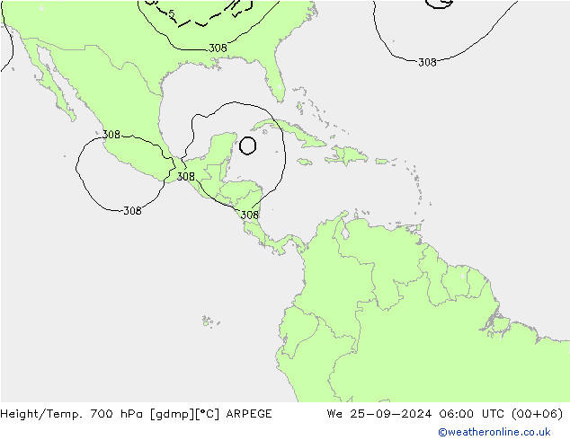 Height/Temp. 700 гПа ARPEGE ср 25.09.2024 06 UTC