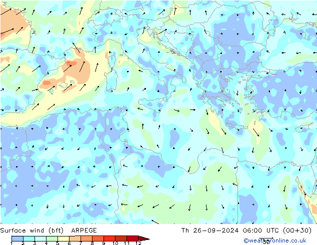 Surface wind (bft) ARPEGE Čt 26.09.2024 06 UTC