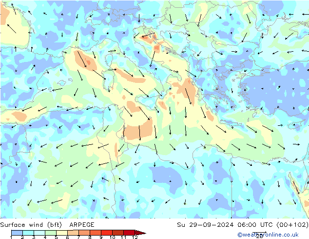 Vento 10 m (bft) ARPEGE Dom 29.09.2024 06 UTC
