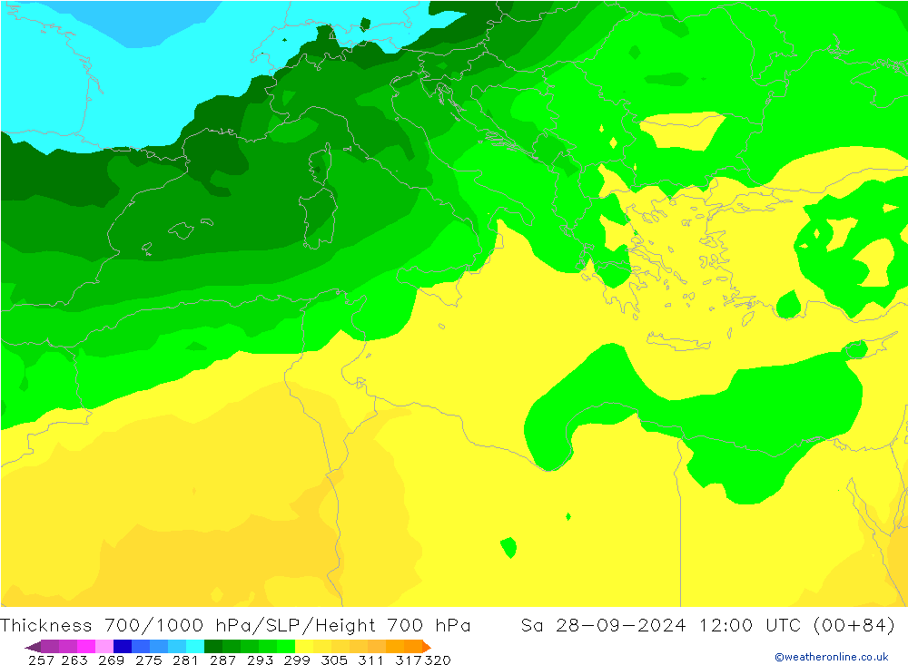 Espesor 700-1000 hPa ARPEGE sáb 28.09.2024 12 UTC