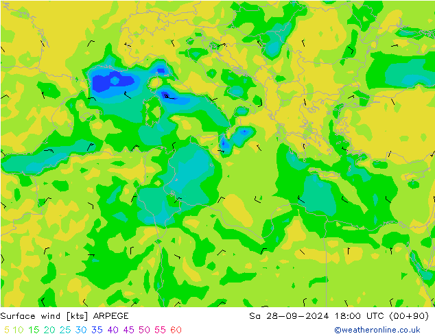 Rüzgar 10 m ARPEGE Cts 28.09.2024 18 UTC