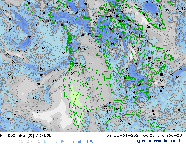 RH 850 hPa ARPEGE Mi 25.09.2024 06 UTC