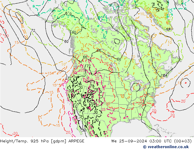 Geop./Temp. 925 hPa ARPEGE mié 25.09.2024 03 UTC