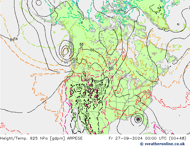 Hoogte/Temp. 925 hPa ARPEGE vr 27.09.2024 00 UTC