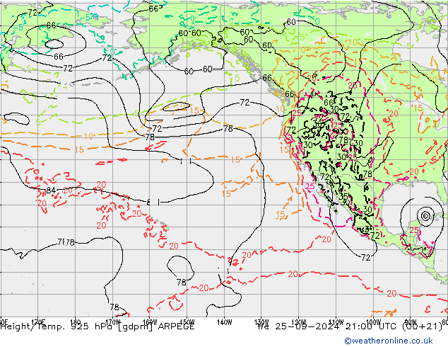 Height/Temp. 925 hPa ARPEGE śro. 25.09.2024 21 UTC