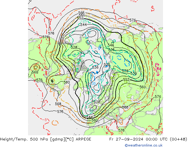 Height/Temp. 500 hPa ARPEGE Fr 27.09.2024 00 UTC