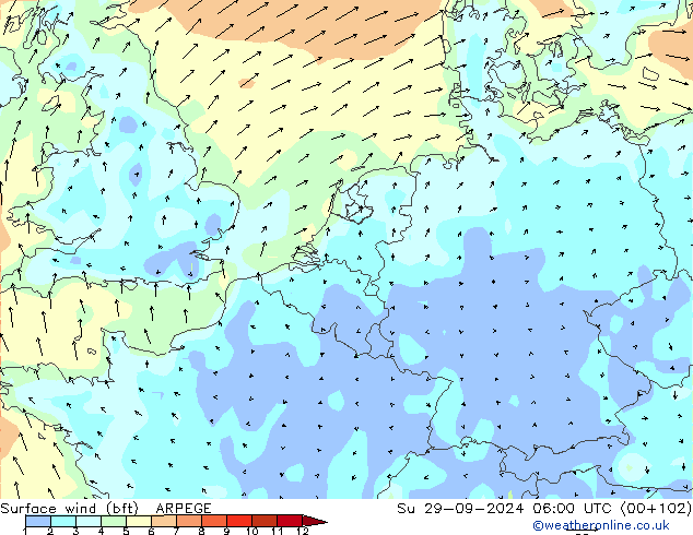 Surface wind (bft) ARPEGE Su 29.09.2024 06 UTC